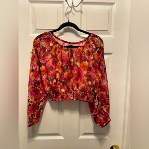 NWOT 1. STATE Vibrant Floral Long Sleeve Blouse - Red and Orange